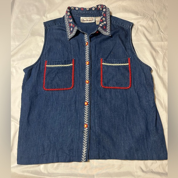 Bechamel Tops - Vintage 90s Bechamel Granny Embroidered Blue Chambray Sleeveless Shirt L